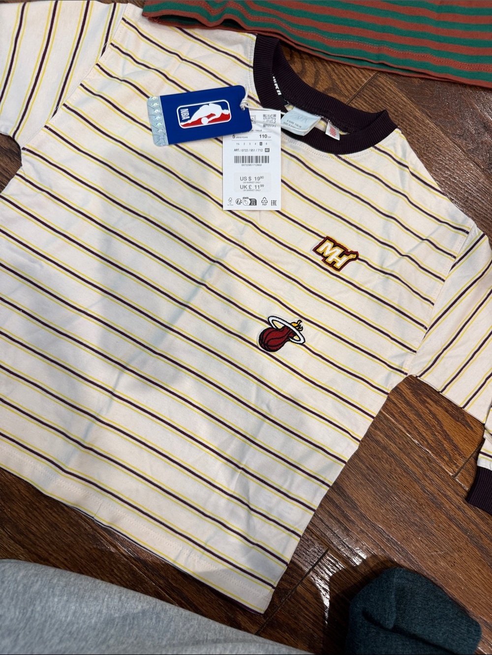 Zara Cream Yellow Black Striped Tee with Miami Heat Patches nba